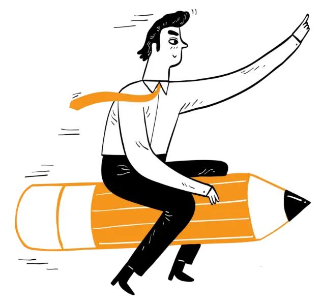 Man in a shirt and tie flying on a pencil and pointing ahead