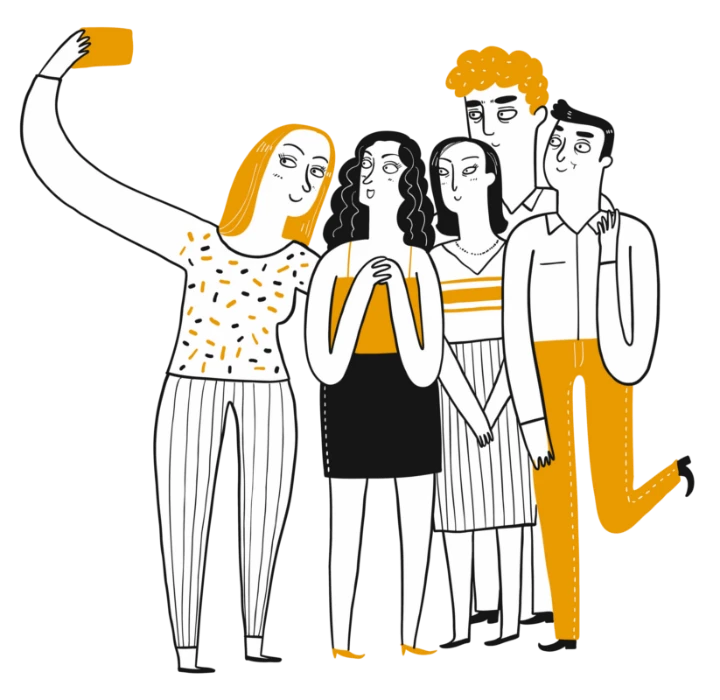 a woman taking a group selfie