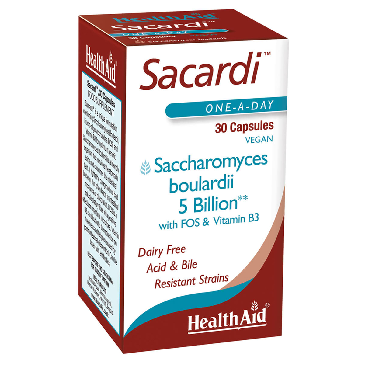 Sacardi  (Saccharomyces boulardii) 5billion +Vit B3+FOS  NEW - 30's Vegicaps